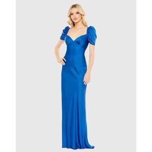 MAC DUGGAL Size 4 Blue Satin Empire Waist Puff Sleeve Formal Gown Dress New $498